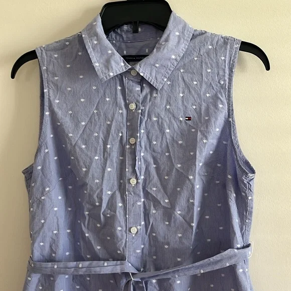 Tommy Hilfiger Classic Button Down Collared Sun Dress Sz 8 Blue Polka Dot White - Picture 5 of 12
